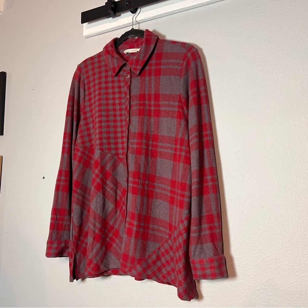 Soft Surroundings Paramour Plaid Tunic Button Up Gray Red Size PL Petite Large